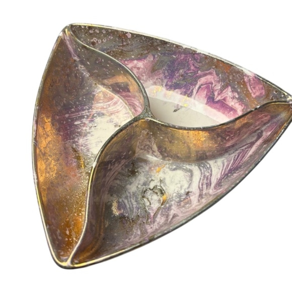Santa Anita Ware Mist Triangular Dish Pink Purple Gold‎ Drip Glaze Mid Century